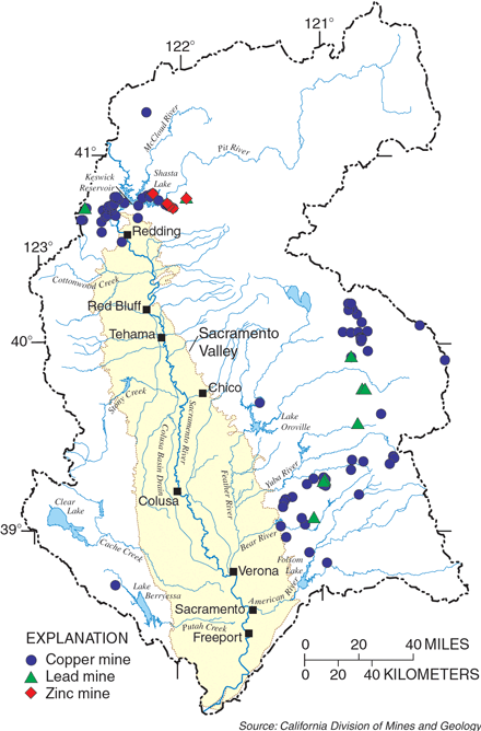 Figure 2. Locations of copper, lead, and zinc mines. The most severe case of drainage of acidic waters from mines has been in the region near Shasta Lake.