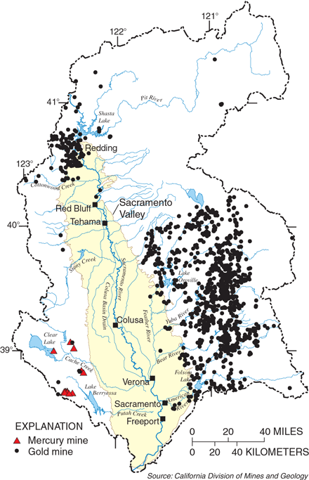 Figure 3. Locations of gold and mercury mines. The era of gold mining began in 1849 after the discovery of placer deposits in the American River.