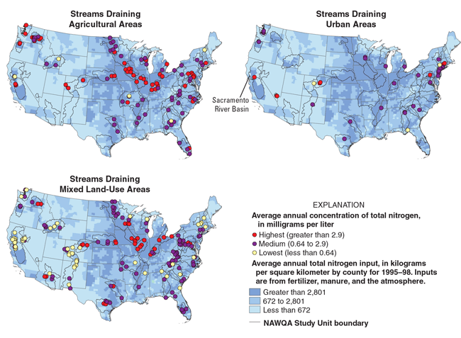 Map showing 3 maps of the United States, each one indicating Average annual concentration of total nitrogen, for Agricultural Areas, Urban Areas and Mixed Land-Use Areas.