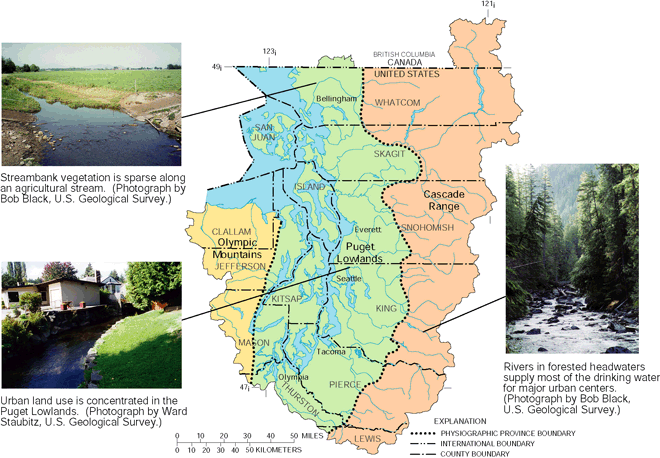 Figure 1. Map showing streams and rivers drain three physiographic provinces in the Puget Sound Basin (Black and Silkey, 1998). Photo upper left showing streambank vegetation is sparse along an agricultural stream. (Photograph by Bob Black, U.S. Geological Survey.) Photo to the right showing urban land use is concentrated in the Puget Lowlands. (Photograph by Ward Staubitz, U.S. Geological Survey.) Photo lower left showing Rivers in forested headwaters supply most of the drinking water for major urban centers.(Photograph by Bob Black, U.S. Geological Survey.)