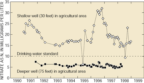 Figure 23. Nitrate concentrations in shallow ground water often exceeded the drinking-water standard (10 milligrams per liter), with high concentrations persisting for many years. Nitrate concentrations in deeper ground water, while elevated, generally met the drinking-water standard. Both the shallow and deeper ground water are used for domestic supplies.