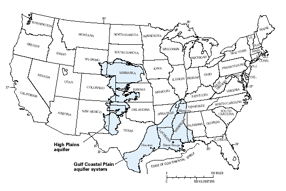Map showing location of High Plains aquifer and the Culf Coastal Plain Aquifer system