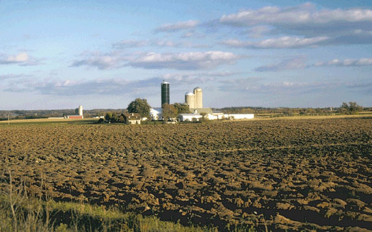 Picture of farm buildings in the middle of a field.