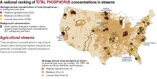 A national ranking of total phosphorus concentrations in streams.