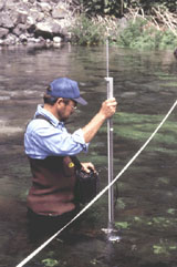 Picture of USGS employee taking water measurements.