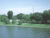 Picture of the Potomac River, with the Washington Monument in the distance.