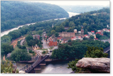 Photo of Harpers Ferry, West Virginia, at the confluence of the Shenandoah and Potomac Rivers.
