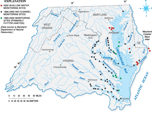 Figure 11.2 map showing locations of water-clarity monitoring sites in the Chesapeake Bay estuary.