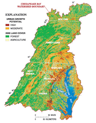 Figure 2.1. Potential urban land growth in the Chesapeake Bay watershed by 2010.