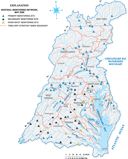 Figure 5.1 shows monitoring sites of the Chesapeake Bay Program (CBP) Nontidal Water-Quality Network and River-Input
monitoring sites