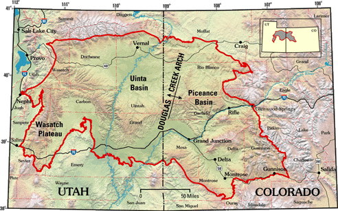 Figure 1. Uinta-Piceance Province in northeastern Utah and northwestern Colorado. Douglas Creek arch separates Piceance