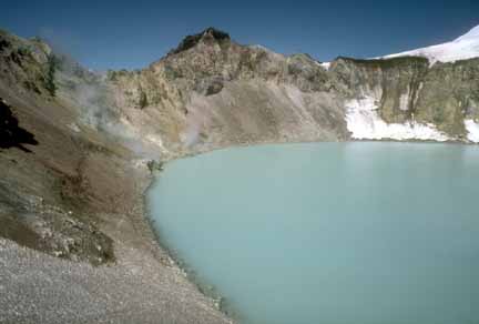 Photograph from crater rim of lake in crater