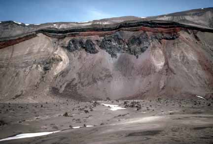 Photograph of volcanic vent inside caldera showing variously colored bands representing different eruptions