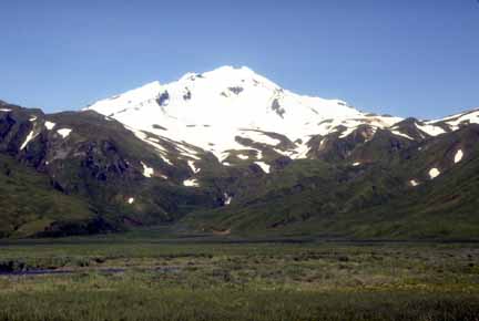 Photograph of snowy volcanic peak, blue sky; bare and green grassy slopes with small stream in fore and middleground