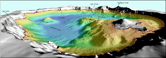 Shaded relief perspective image of Crater Lake looking southwest past Wizard Island. The colors represent depths of the crater bottom with reds being the shallowest and blues being the deepest; gray colored areas are above lake level.