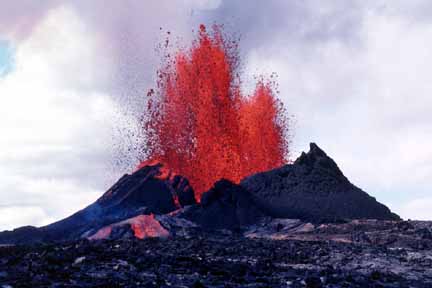 photo 014.  Photo of small volcano with fountain of red-hot lava erupting from crater