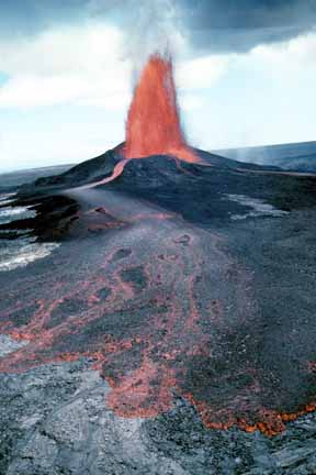 photo 022.  Photo of red-hot lava fountain coming from small cone