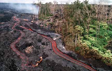 photo 058.  Photo of lava flow, some of which is red-hot, burning a forest as it progresses