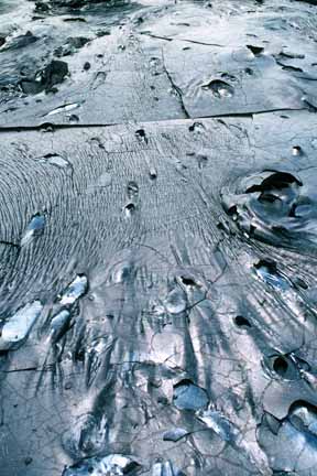 photo 087.  Wide-angle close-up photo of glossy black lava flow with cooling cracks in glaze