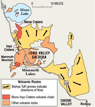 map of the Long Valley Caldera showing distribution of volcanic rocks