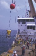 Picture of the subsurface mooring being deployed from the U.S. Coast Guard Cutter MARCUS HANNAH