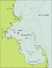 Map showing the location of long-term moorings in western Massachusetts Bay.