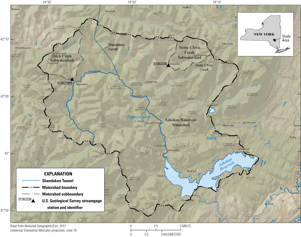 Ashokan Reservoir watershed with the Birch Creek and Stony Clove Creek subwatersheds
                     to the northwest and northeast.