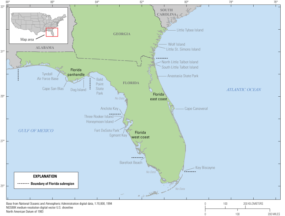 No data between Bald Point State Park (panhandle) and Anclote Key (west coast) or
                        between Barefoot Beach (west coast) and Key Biscayne (east coast)