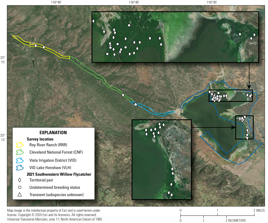 2. Overview of the study area with colored lines and symbols for described features
