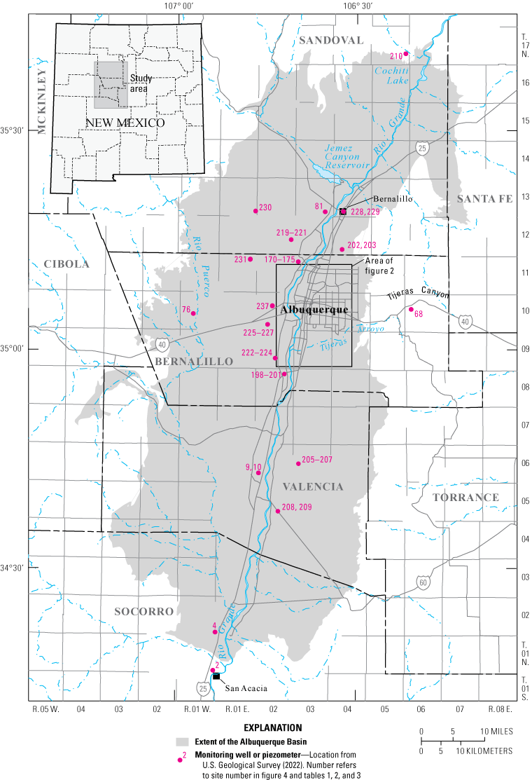 Figure 1. Map of study area, active monitoring wells and piezometers, Albuquerque
                     Basin area, central New Mexico.