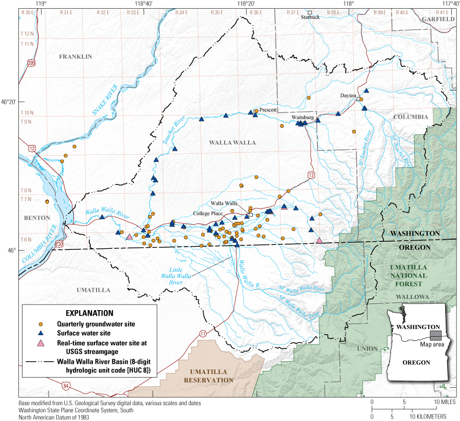 Map showing the study area, Walla Walla River Basin, Washington. For individual site
                        labels, see figures 2 and 3.