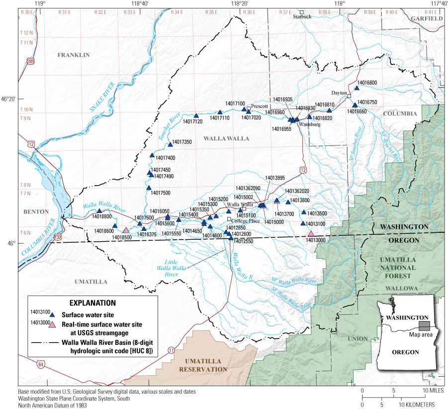 Map showing surface water site locations, Walla Walla River Basin, Washington.