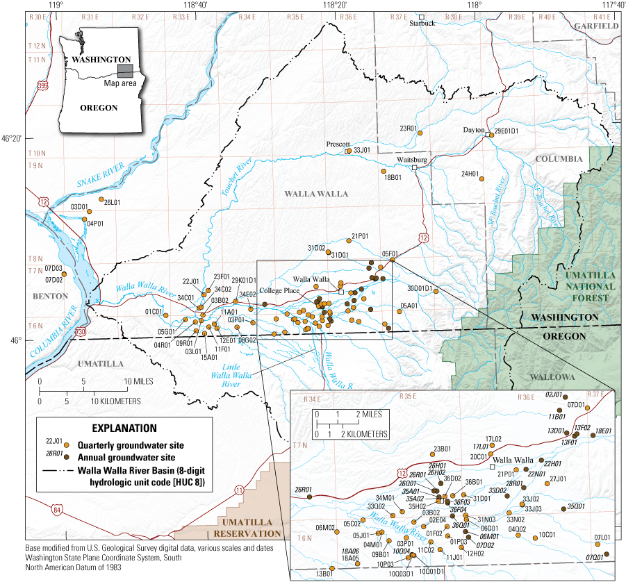 Map showing groundwater site locations, Walla Walla River Basin, Washington.