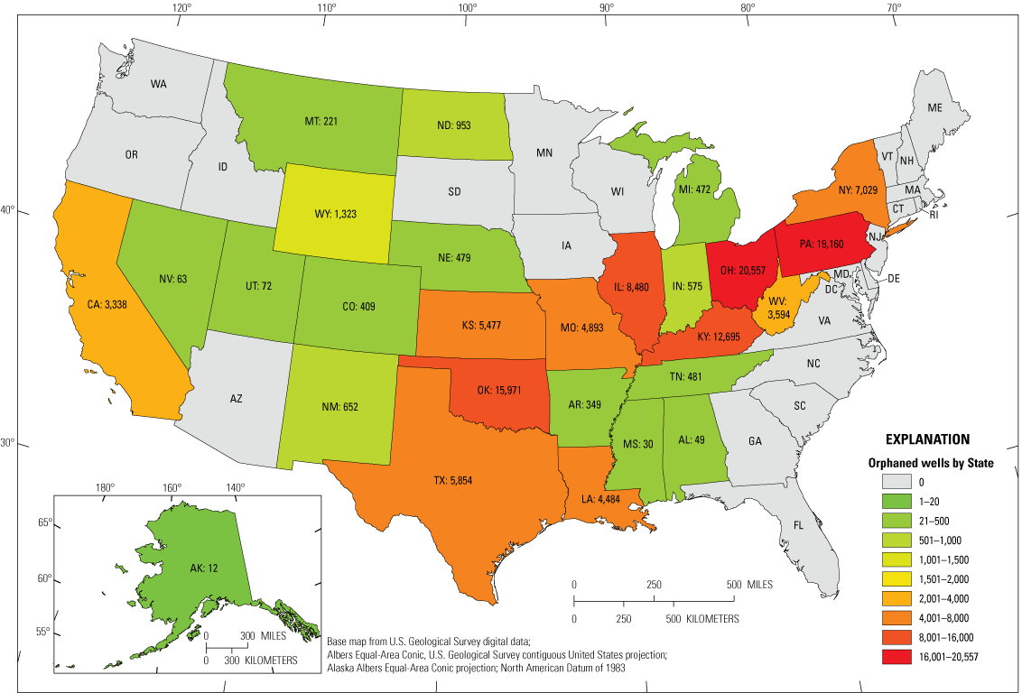 Figure 1.  A different color represents each of the 10 well-count ranges, including
                     0. Higher values are in the Appalachian and Midwest regions, as well as in California.