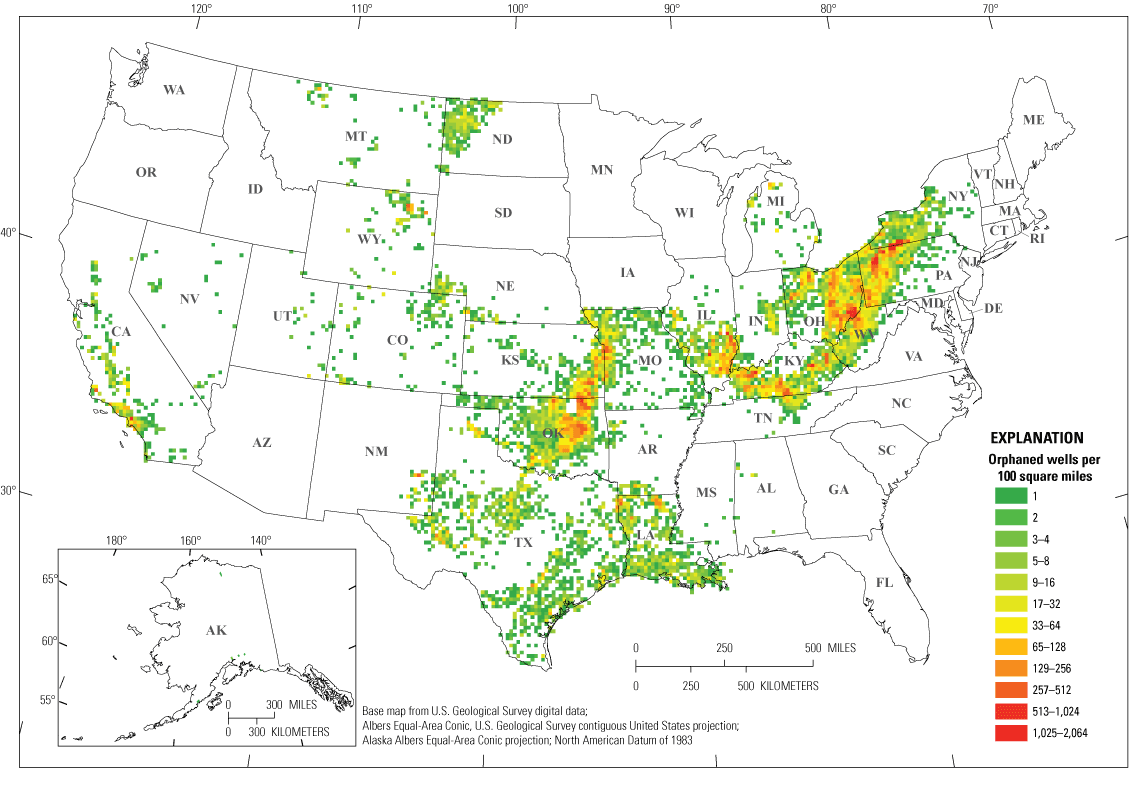 Figure 2.  Each color represents 1 of the 12 numerical categories in the explanation.
                     The greatest number of wells per grid cell occur in the Appalachian region, southeastern
                     Illinois, and eastern Oklahoma.