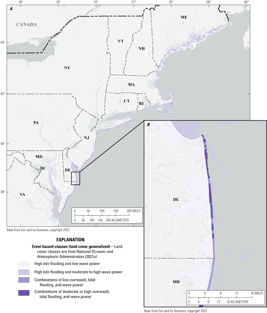 Detailed view shows the northern part at risk for combined moderate hazards.