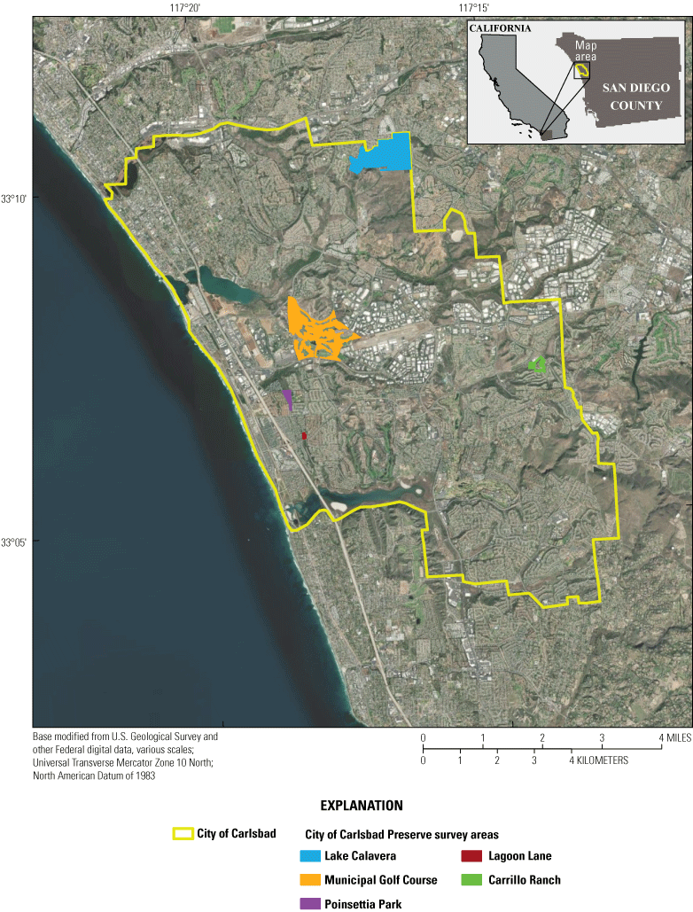 1. Overview map shows the location of the Southwestern Willow Flycatcher survey areas
                        within the City of Carlsbad Preserve in San Diego County, California.