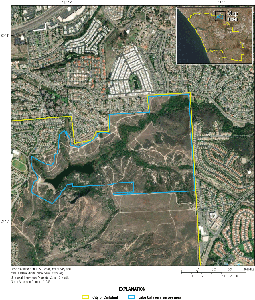 2. A map shows the location of the Southwestern Willow Flycatcher survey area at Lake
                                    Calavera, within the City of Carlsbad Preserve.