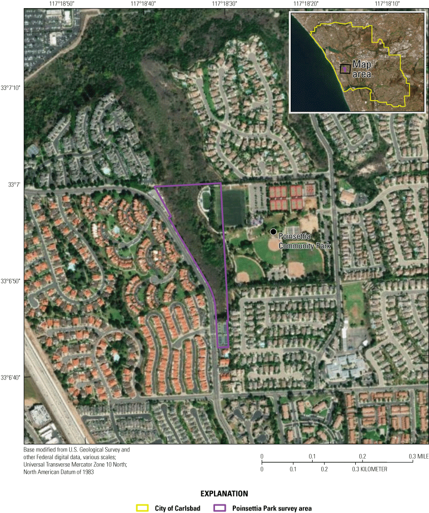 4. A map shows the location of the Southwestern Willow flycatcher survey area at Poinsettia
                                    Park within the City of Carlsbad Preserve