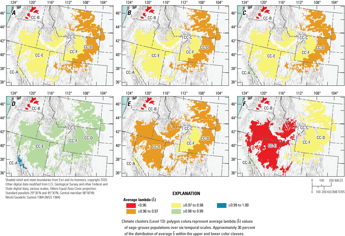 2. Spatial estimates of average annual rate of change in greater sage-grouse abundance
                     across six temporal scales and six climate clusters. The six temporal scales represent
                     unique periods of oscillation in greater sage-grouse abundance. The six climate clusters
                     encompass greater sage-grouse distribution in the western United States.