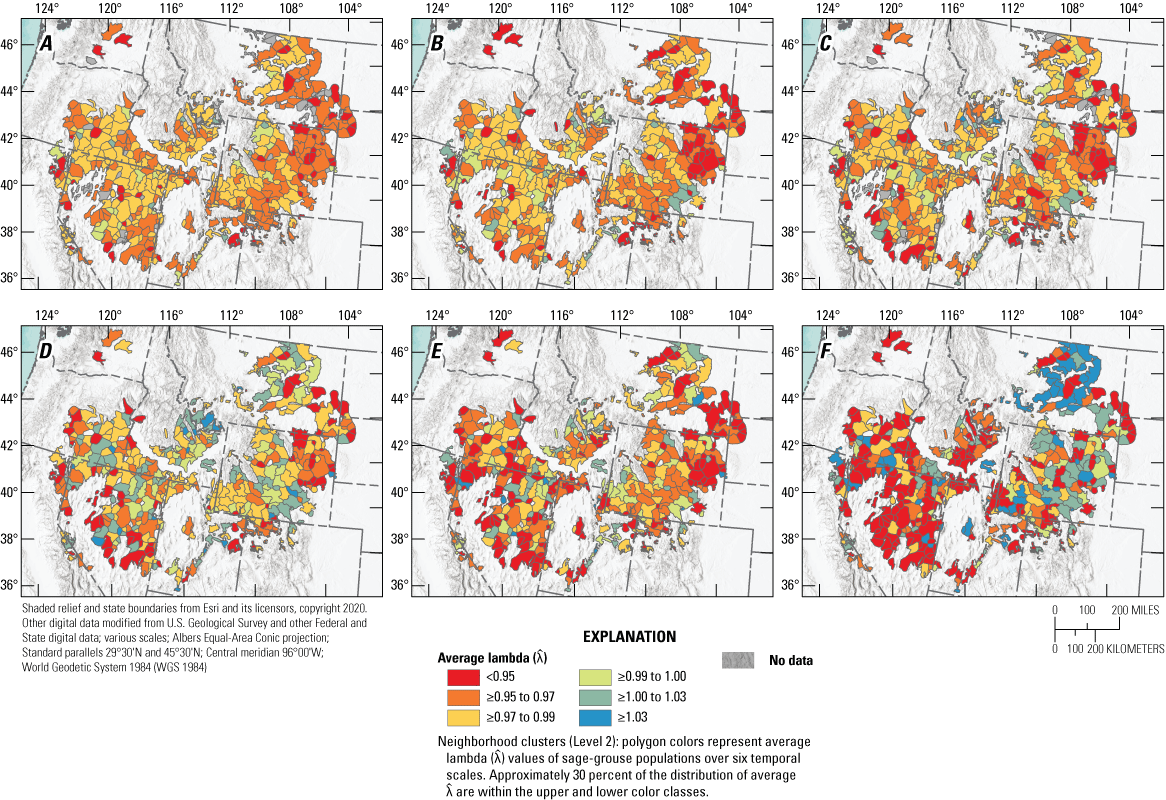 3. Spatial estimates of average annual population rate of change in greater sage-grouse
                     abundance across 6 temporal scales and 474 neighborhood clusters. The six temporal
                     scales represent unique periods of oscillation in greater sage-grouse abundance. The
                     474 climate clusters encompass greater sage-grouse distribution in the western United
                     States.