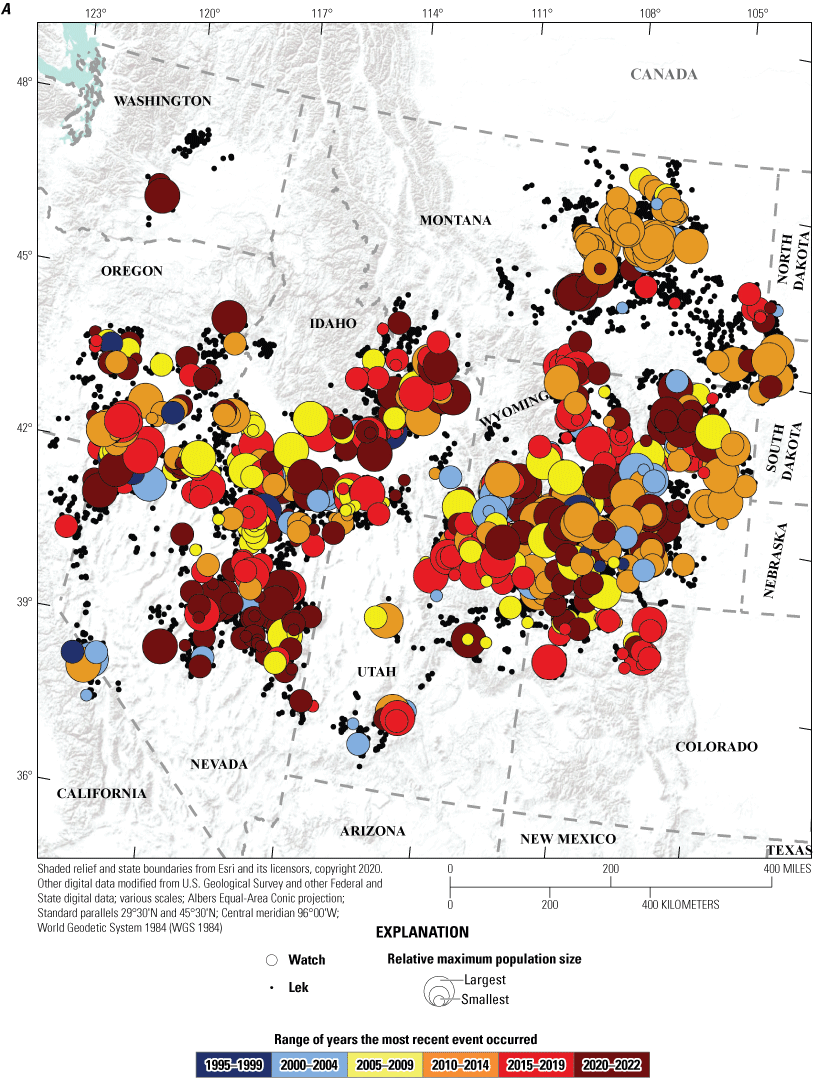 5. Watches and warnings of greater sage-grouse population decline at the lek scale
                     within the western United States from 1990 to 2022. Years since watches or warnings
                     occurred are categorized by color, whereas relative size of populations are categorized
                     by size.