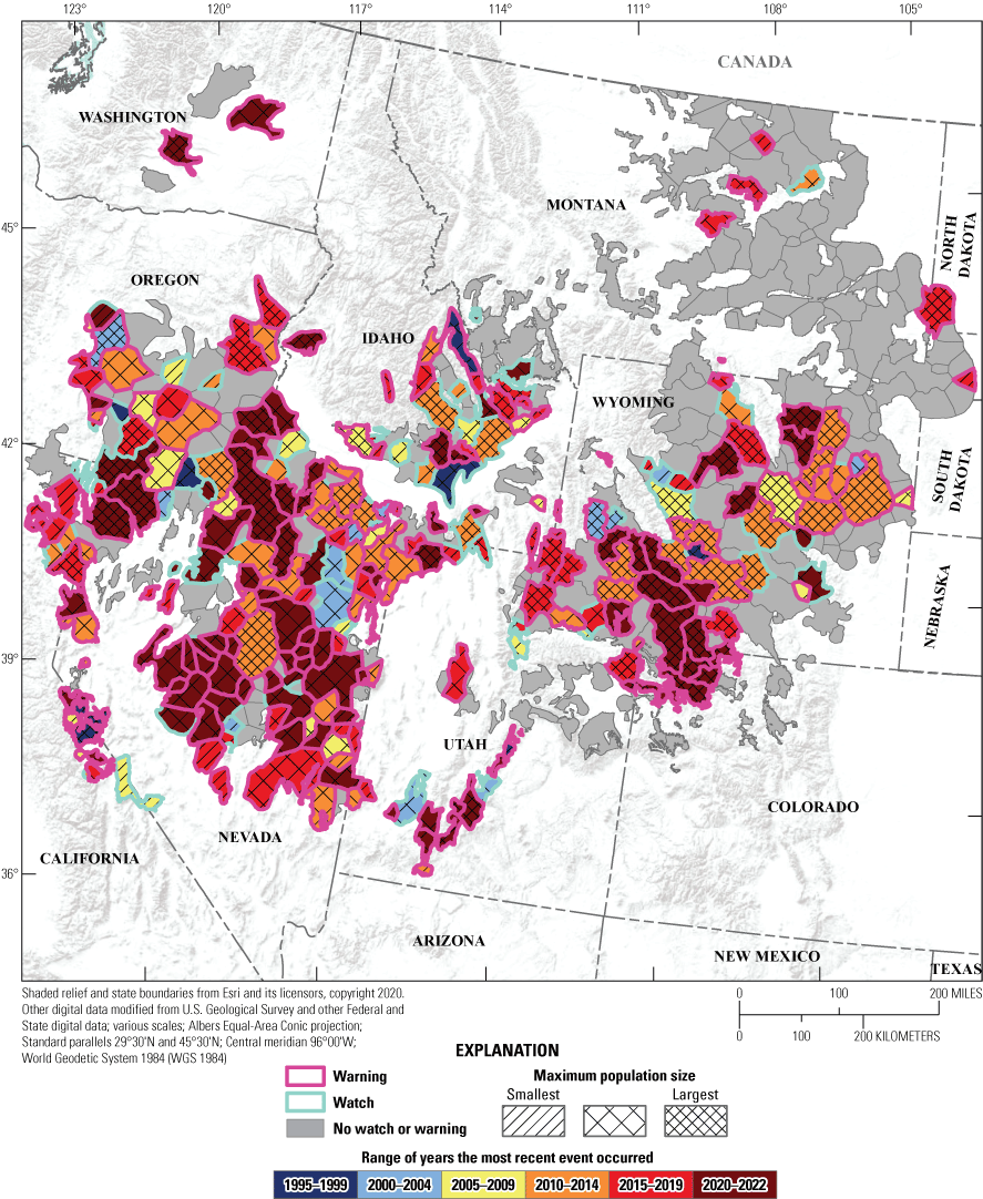 6. Watches and warnings of greater sage-grouse population decline at the neighborhood
                     cluster scale within the western United States from 1990 to 2022. Years since watches
                     or warnings occurred are categorized by color, whereas relative size of populations
                     are categorized by lines or hatching.