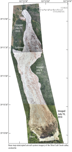 Composite image showing extent of West Salt Creek avalanche deposit in the West Salt
                     Creek valley.
