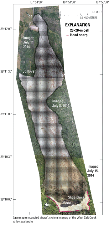 Composite image showing extent of West Salt Creek avalanche with superimposed box
                     grid on avalanche deposit.