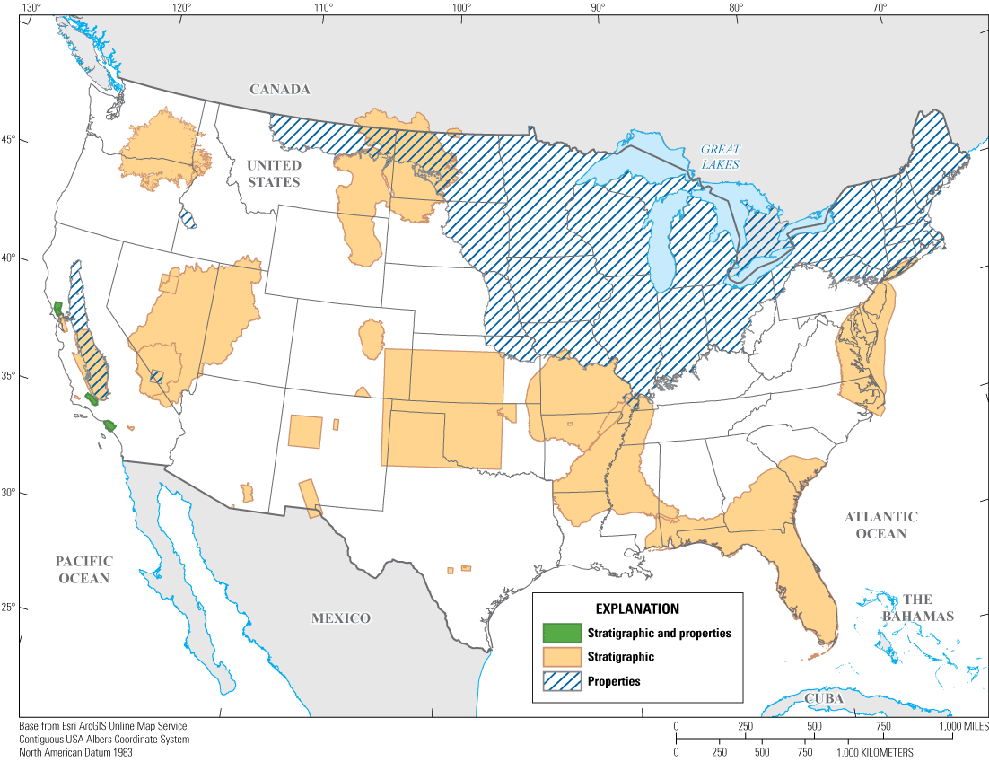 Stratigraphic models span across the United States, whereas properties models are
                     primarily in the north and Midwest.