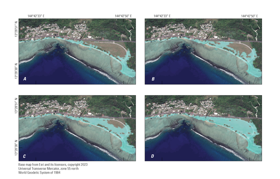 Figure 4. The flood coverage increases in the eastern portion of each image, A–D,
                        moving alphabetically.