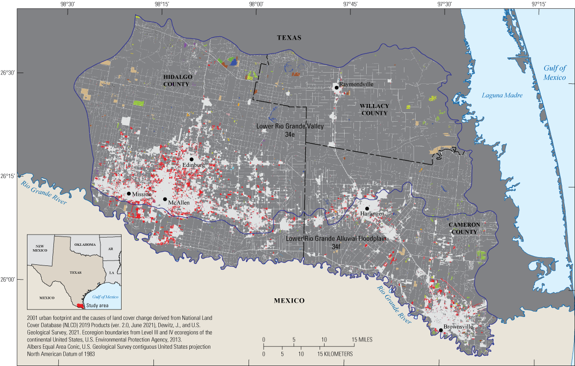 Data shown for parts of Hidalgo, Willacy, and Cameron Counties, Texas. Urban growth
                     is prevalent around cities in southern Hidalgo County.
