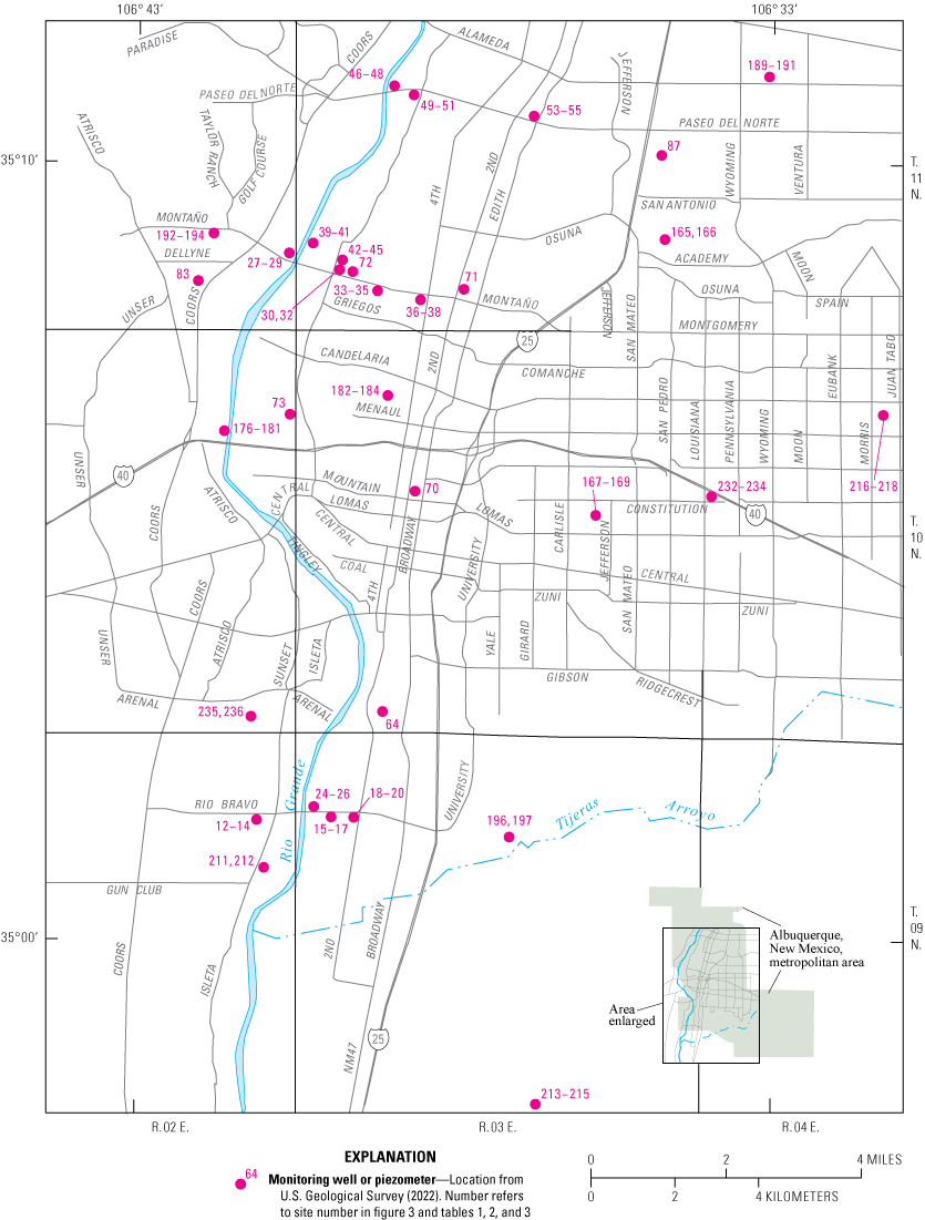 Map of active monitoring wells and piezometers within Albuquerque, New Mexico, metropolitan
                     area