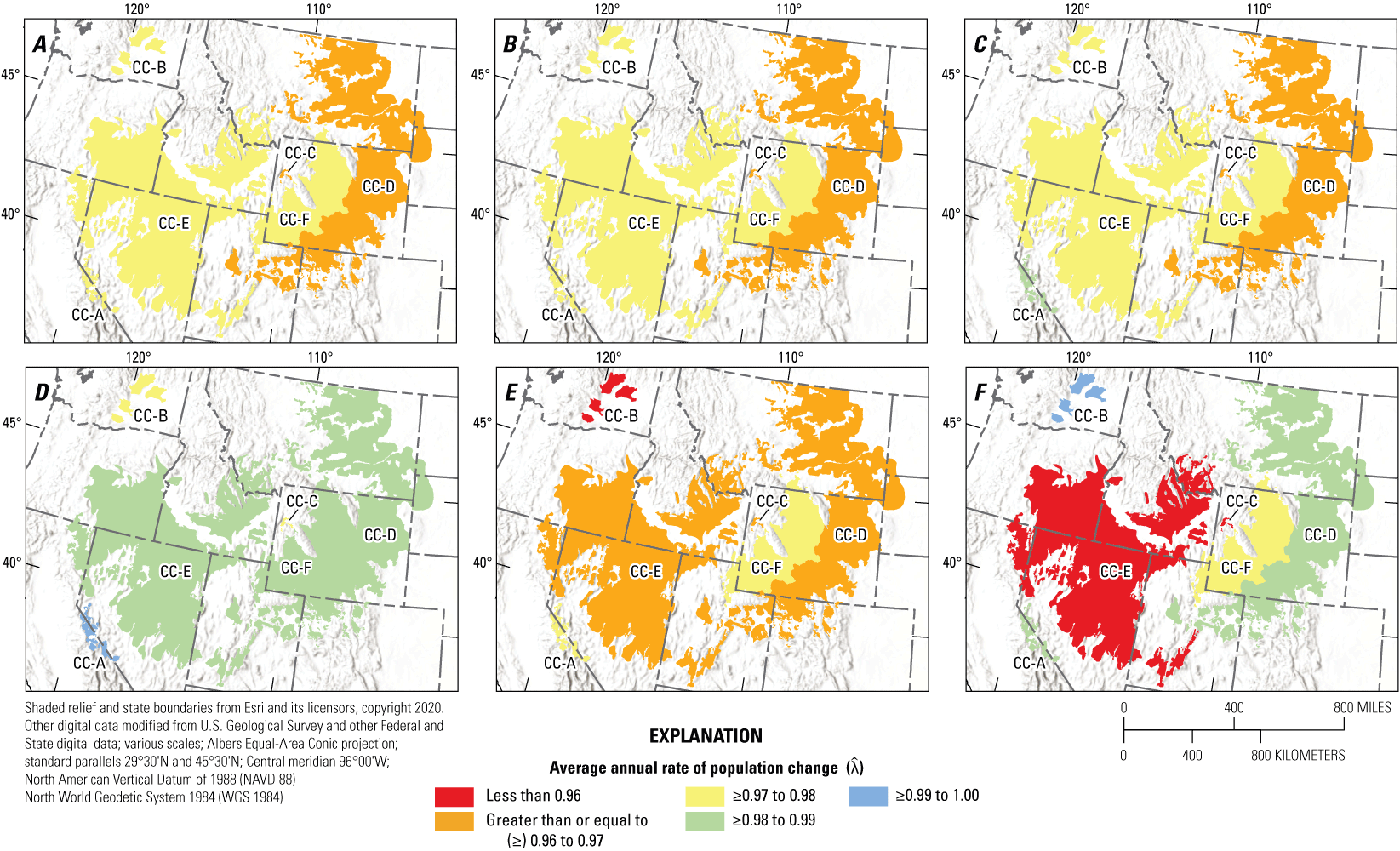 2. Spatial estimates of change in greater sage-grouse abundance across six temporal
                     scales and six climate clusters.